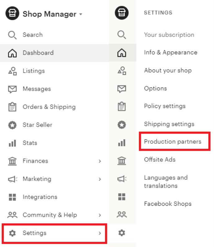 How to navigate to Etsy's production partner page How to navigate to Etsy's production partner page