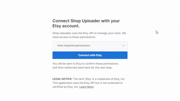 Gif showing how to connect your Etsy shop to Shop Uploader