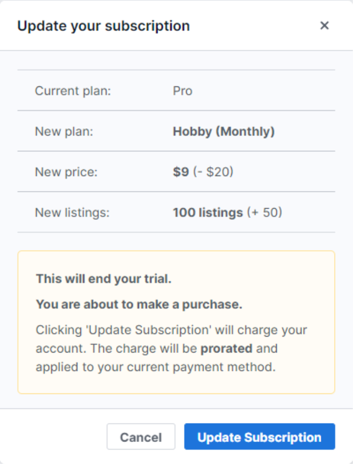 Image showing the update subscription popup